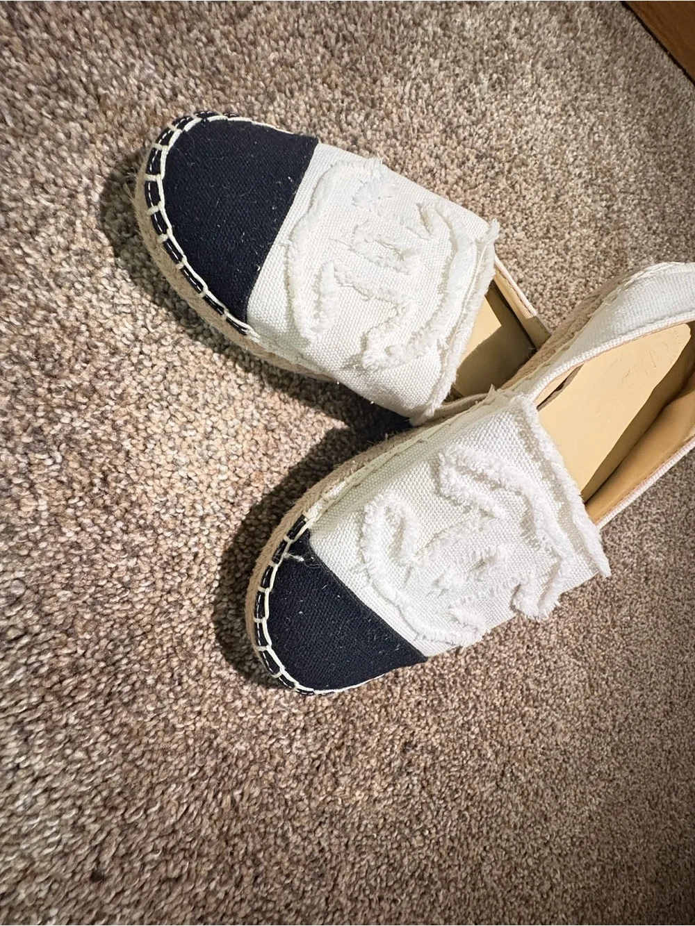 CHANEL White and Black Canvas Espadrilles